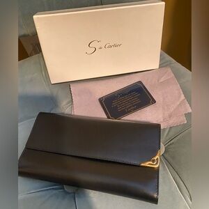 Vintage Cartier Sapphire Black Leather Long Wallet with 24k Gold Hardware